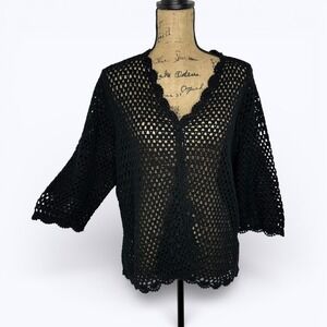 Norm Thompson Open Knit Crochet Cardigan Black Linen Cotton Scalloped Trim 1X